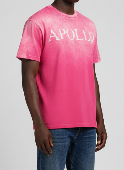 Person wearing a pink t-shirt with 'APOLLO' text on a gray background