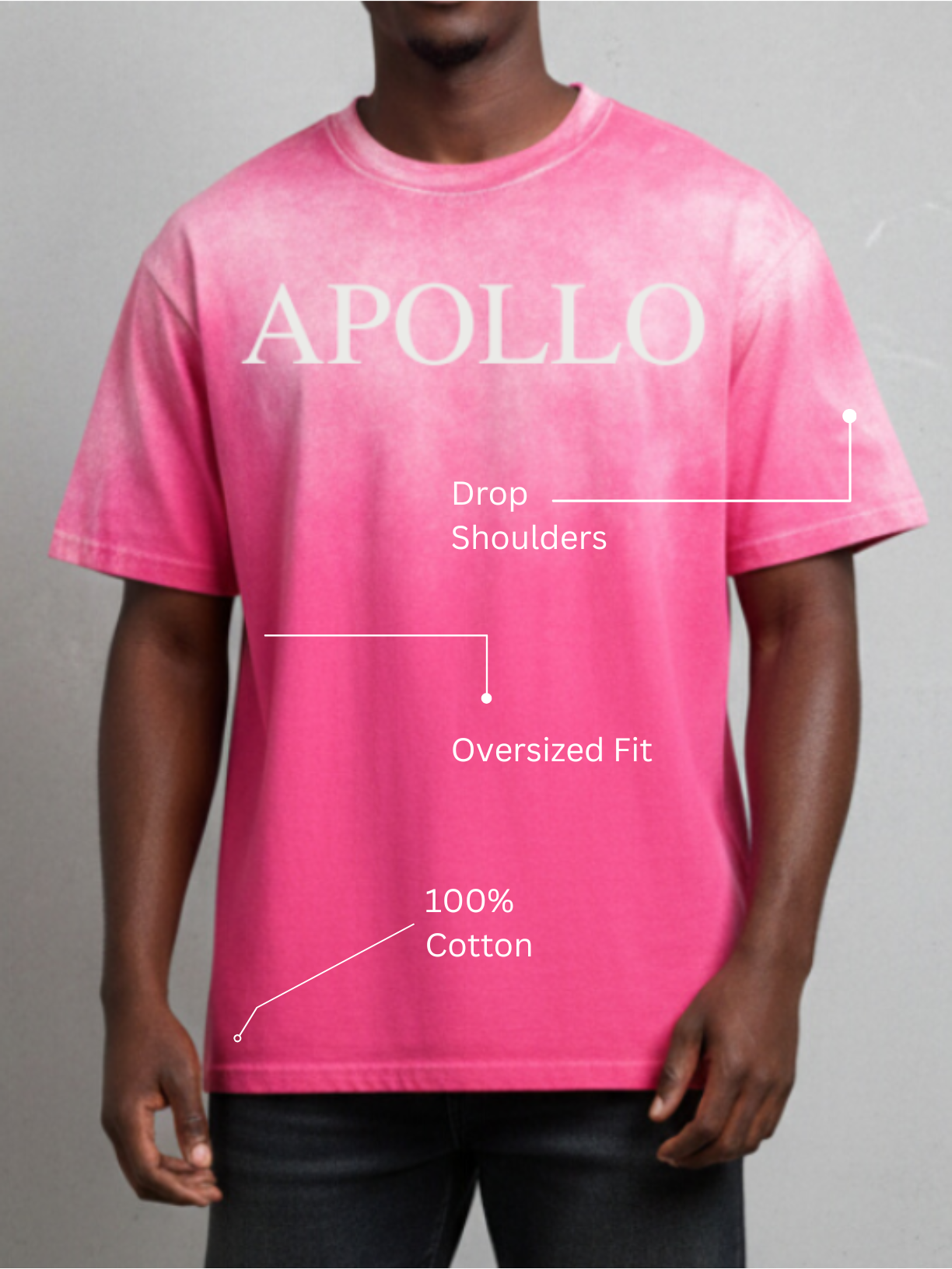 Person wearing a pink t-shirt with 'APOLLO' branding and text about shirt features on a gray background