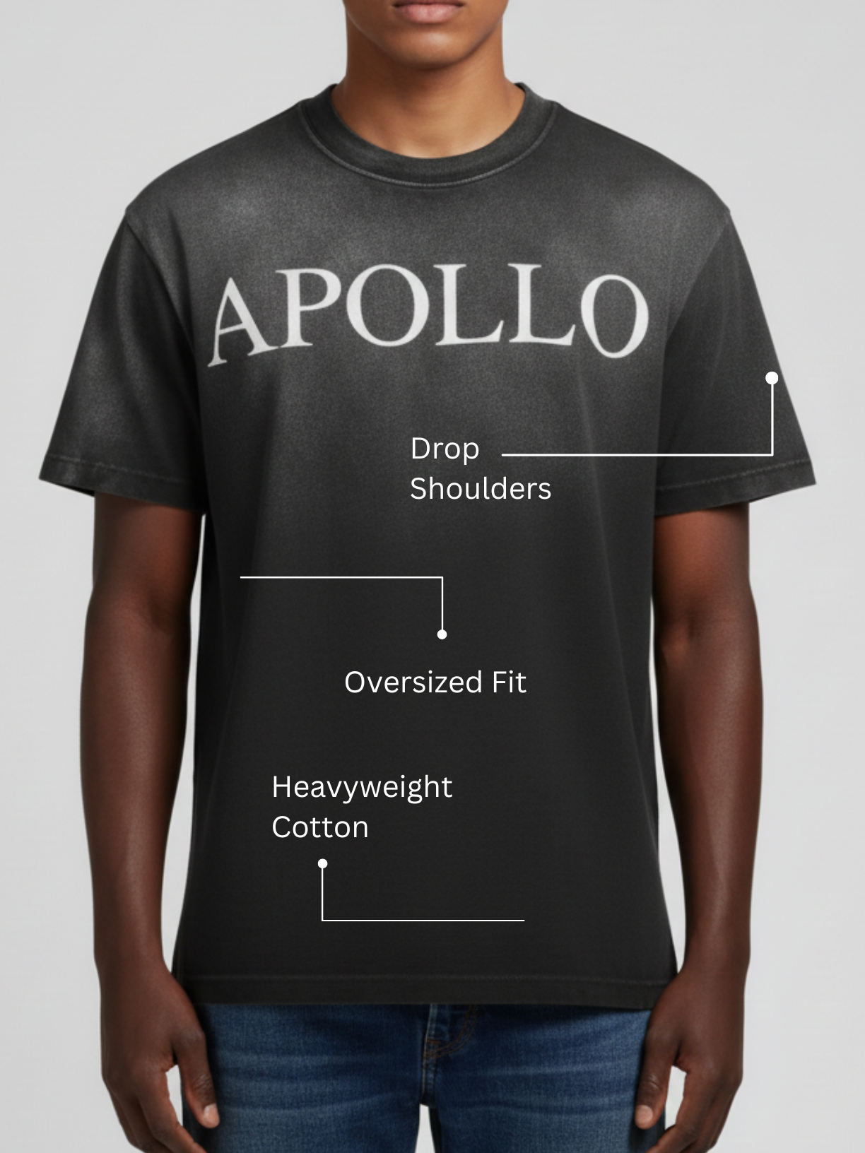 Person wearing a black t-shirt with 'APOLLO' branding and text about shirt features.