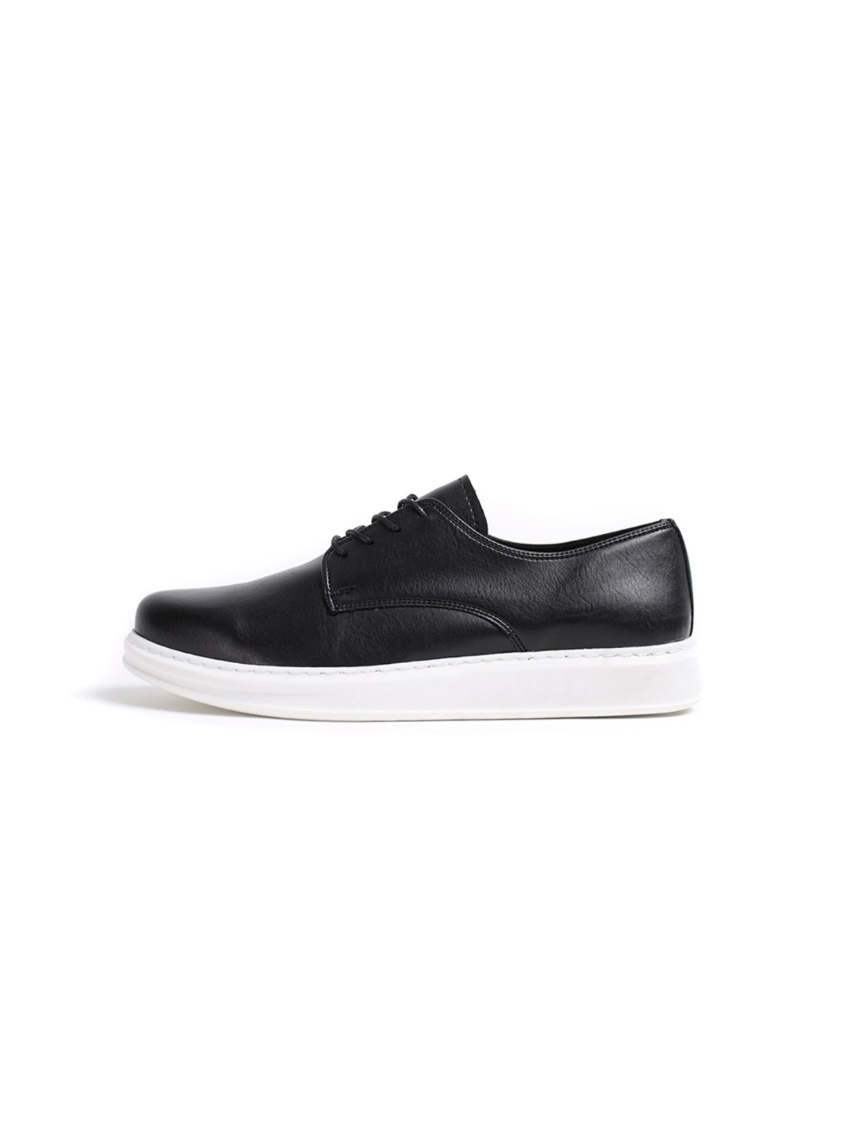 Black leather sneaker with white sole on a white background