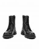Front view of Orion Black Combat Boots by Apollo Moda in smooth black leather with lace-up front and thick treaded sole.