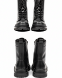 Back view of Orion Black Combat Boots by Apollo Moda in smooth black leather with lace-up front and thick treaded sole.