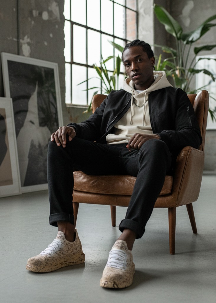 Man seated indoors wearing Torino Light Brown Peak sneakers with casual black pants and cream hoodie.
