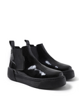 Front Side shot of black patent Avalon Chelsea Apollo boots with cushioned platform sole.