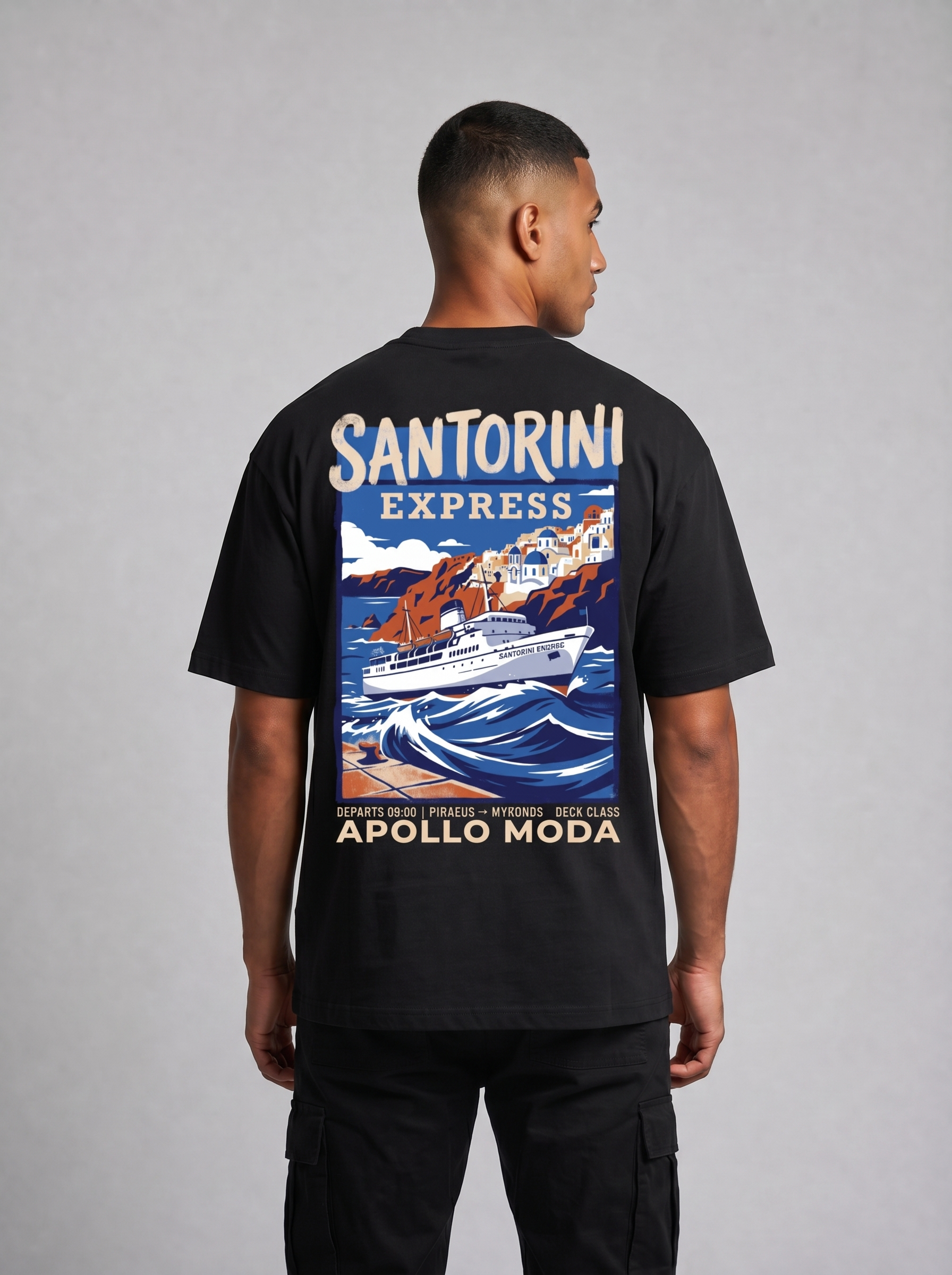 Santorini Express Oversized Graphic Tee — Black